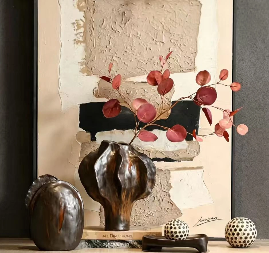 Wabi-sabi style retro ceramic art vase, decorative piece for living room, desktop, guesthouse, entryway, dried flower vase, creative decoration.