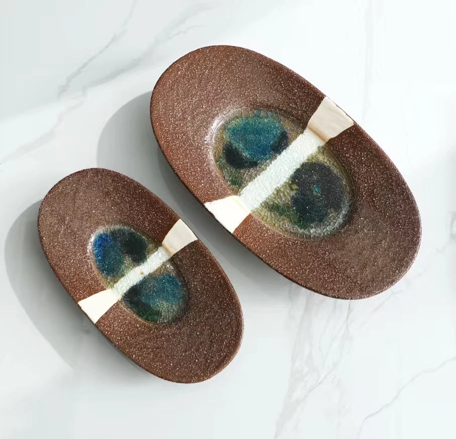 Chinese Zen-inspired crackle glaze ceramic long plate, a landscape dessert and fruit platter for showroom entryway decorations.