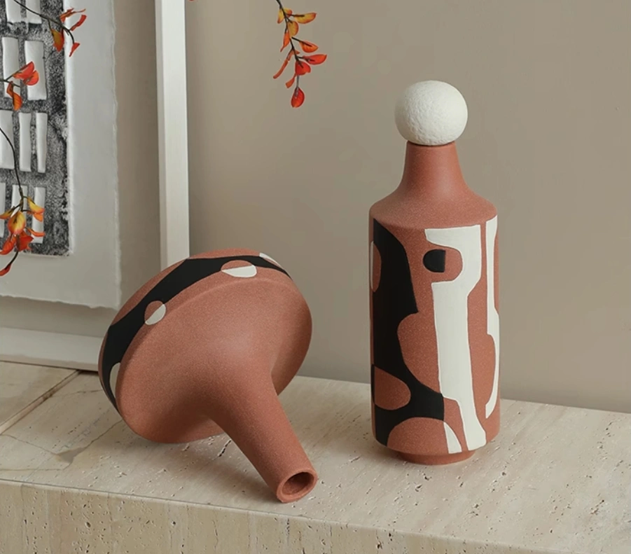 Simple, modern, creative black and white painted red ceramic art ornament for living room TV cabinet, entryway tabletop, vase decoration. - Image 2