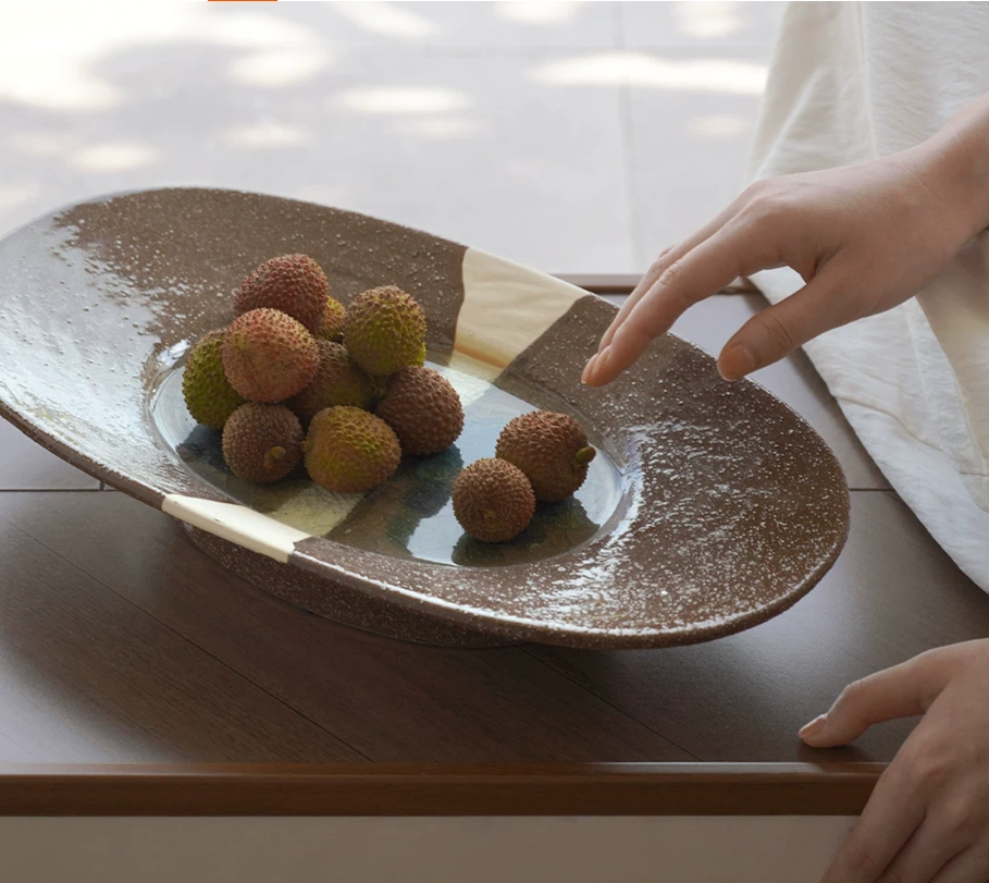 Chinese Zen-inspired crackle glaze ceramic long plate, a landscape dessert and fruit platter for showroom entryway decorations. - Image 2