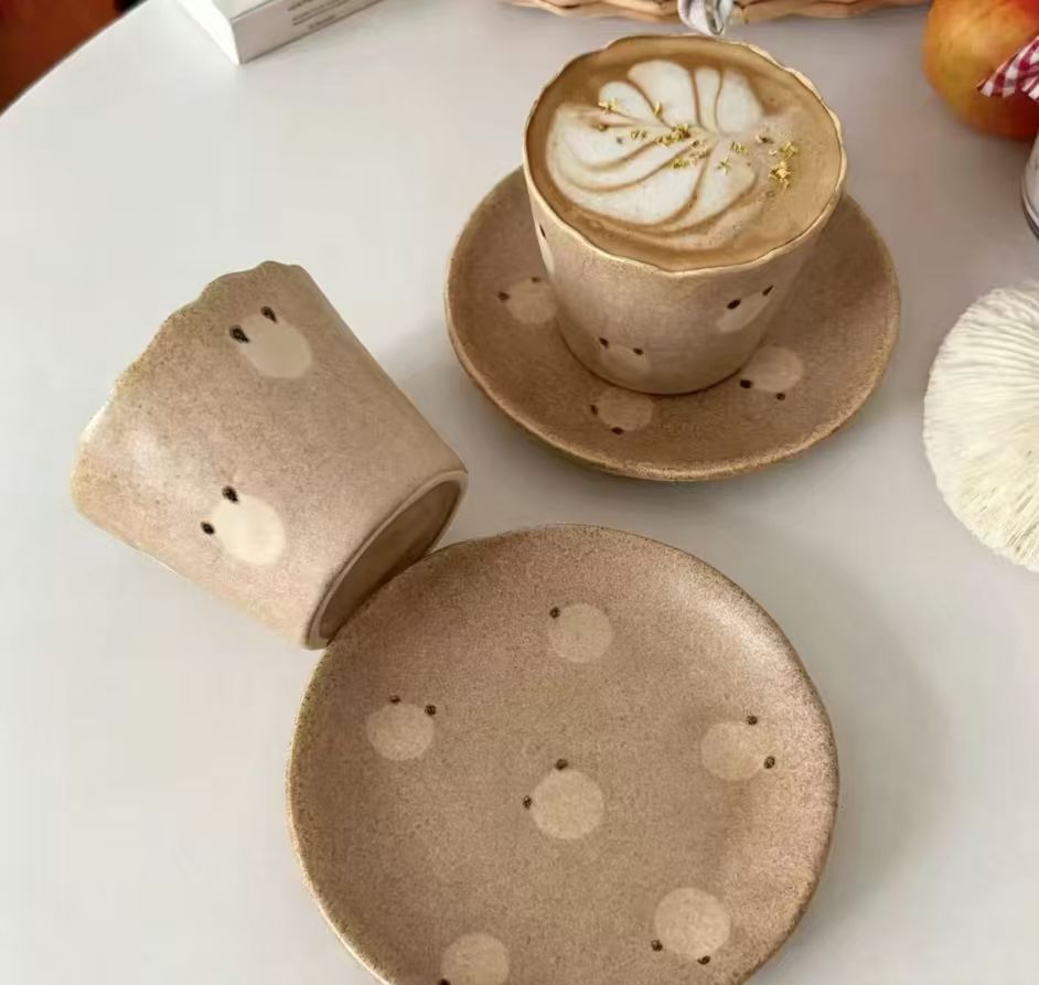 Handmade Rough Clay Bear Print Coffee Cup & Saucer Set - Image 6
