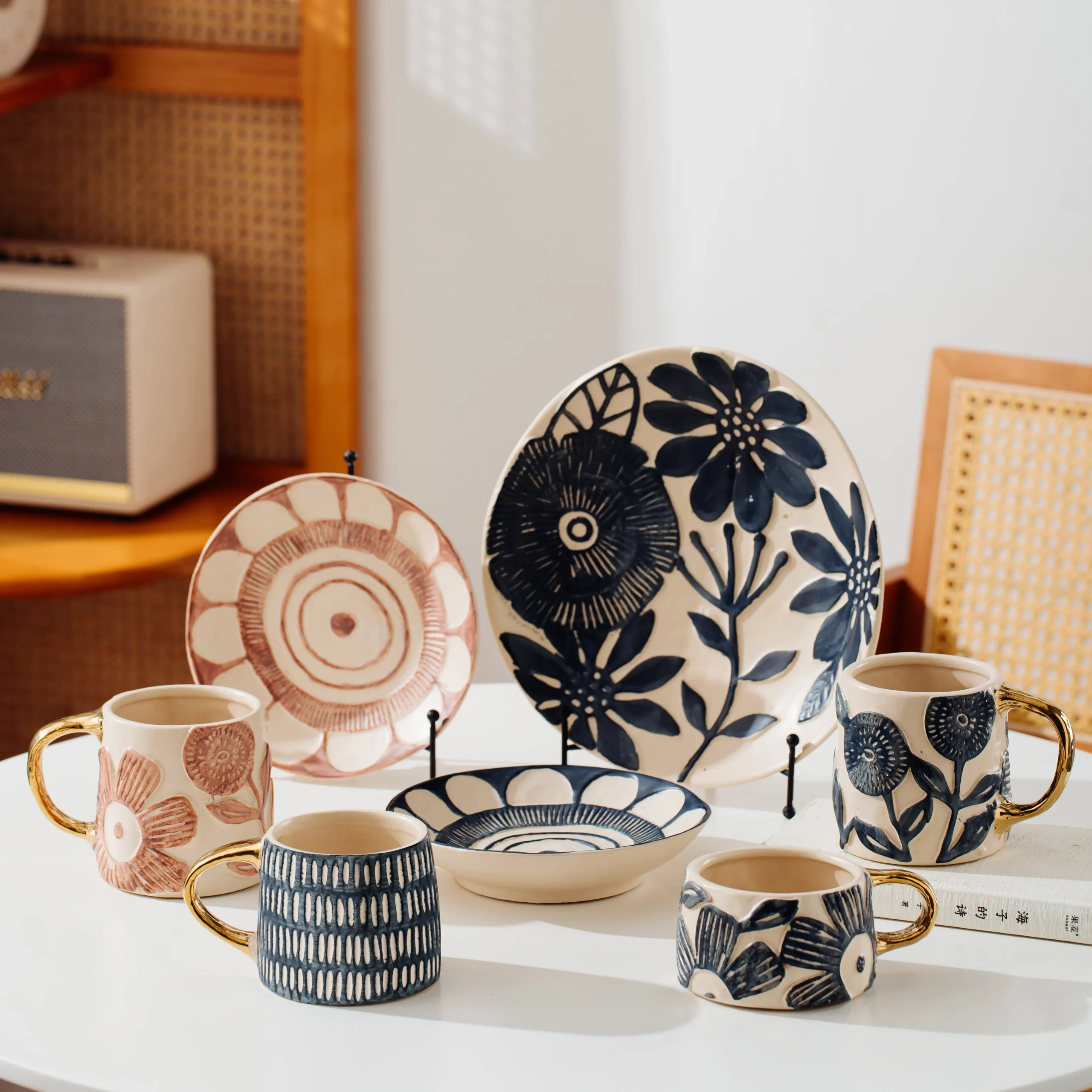 Embossed Floral Gold Handle Ceramic Tableware Collection