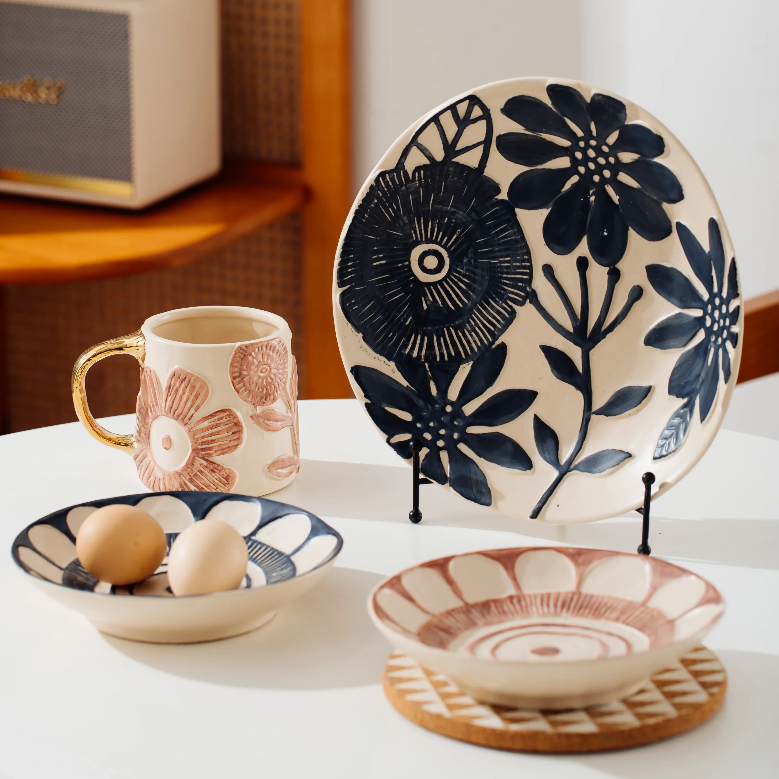 Embossed Floral Gold Handle Ceramic Tableware Collection - Image 2