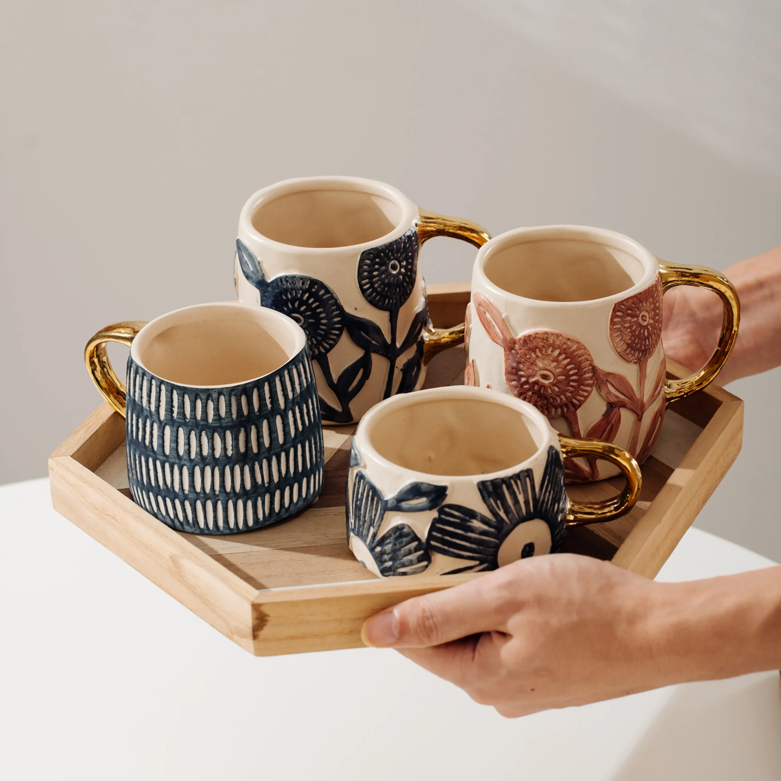 Embossed Floral Gold Handle Ceramic Tableware Collection - Image 4
