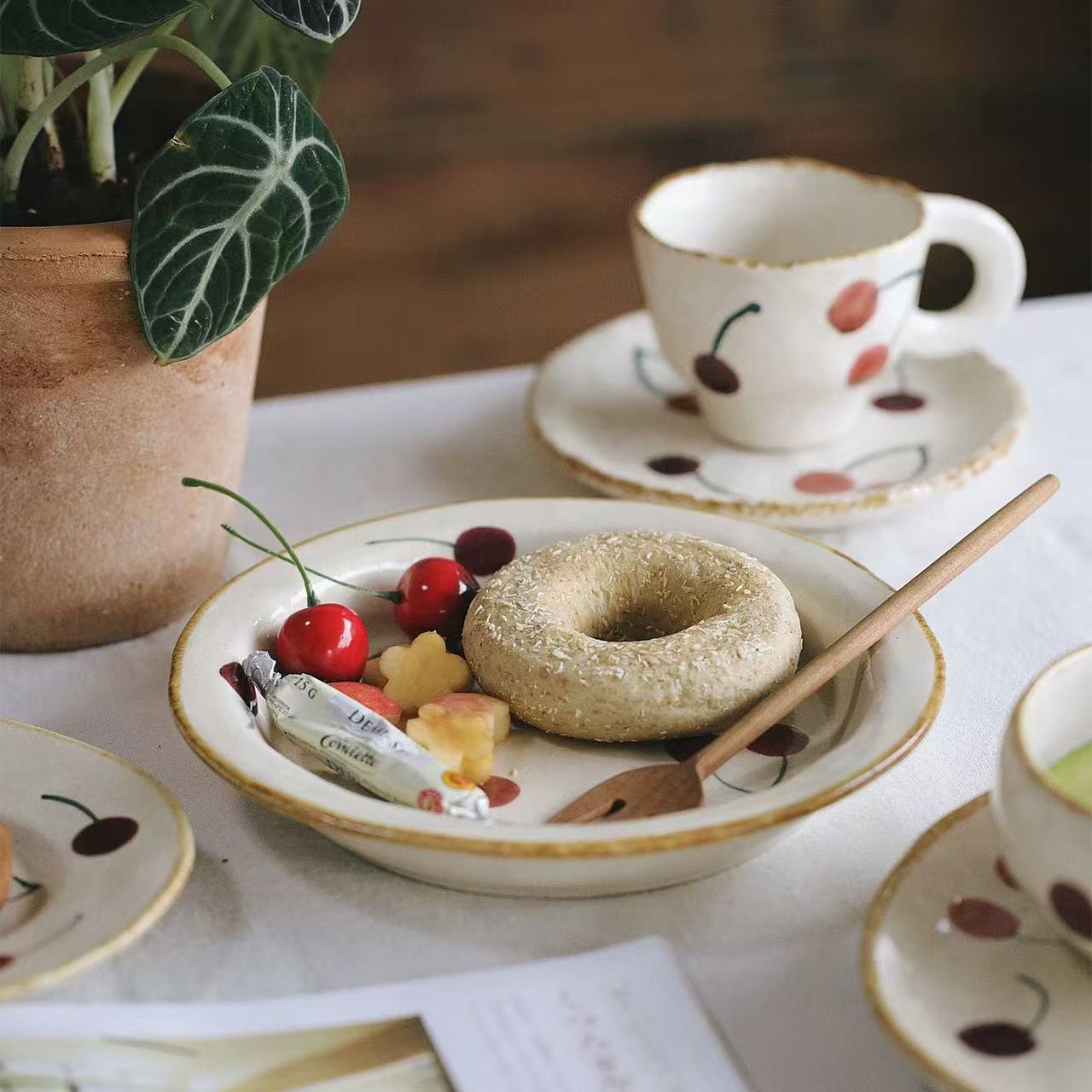 Handmade Rustic Cherry Print Ceramic Tableware Set - Image 2