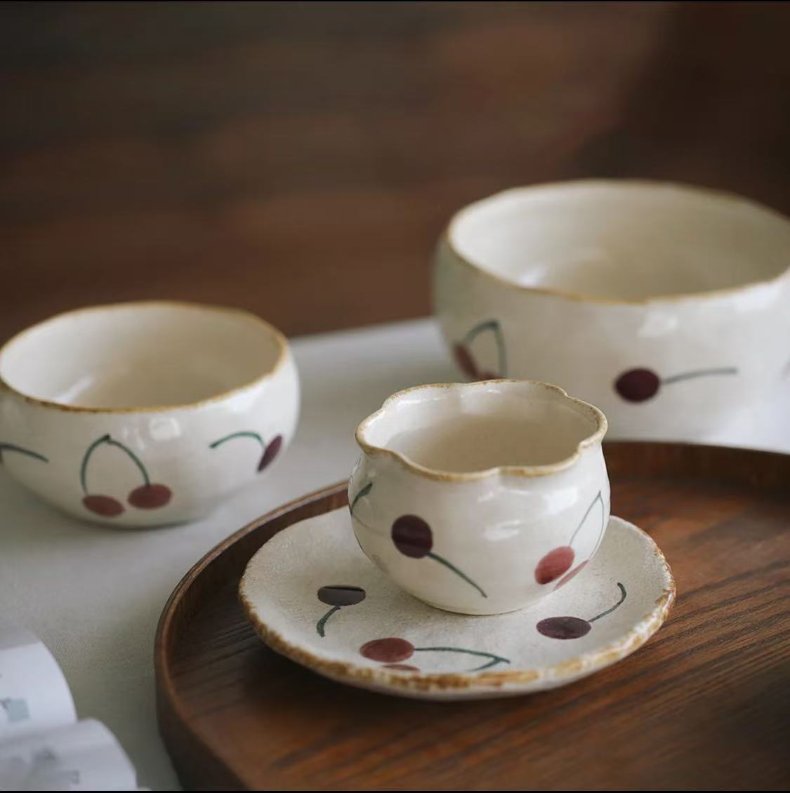 Handmade Rustic Cherry Print Ceramic Tableware Set - Image 4