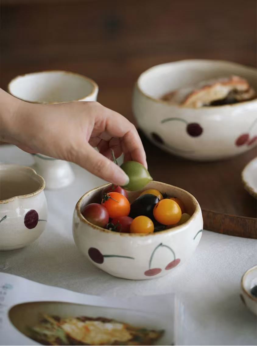 Handmade Rustic Cherry Print Ceramic Tableware Set - Image 3
