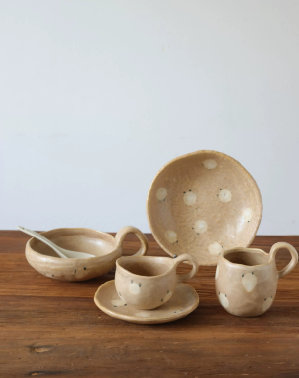 Hand-Sanded Sandy Beige Dot Ceramic Tableware Set - Image 2