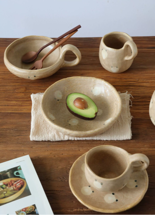 Hand-Sanded Sandy Beige Dot Ceramic Tableware Set - Image 4