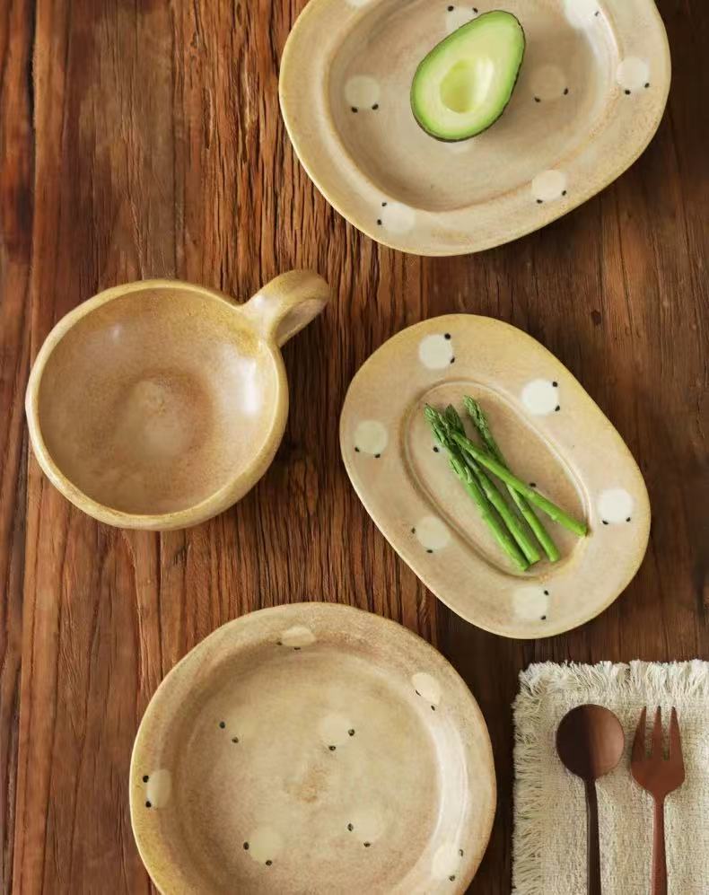 Hand-Sanded Sandy Beige Dot Ceramic Tableware Set - Image 3