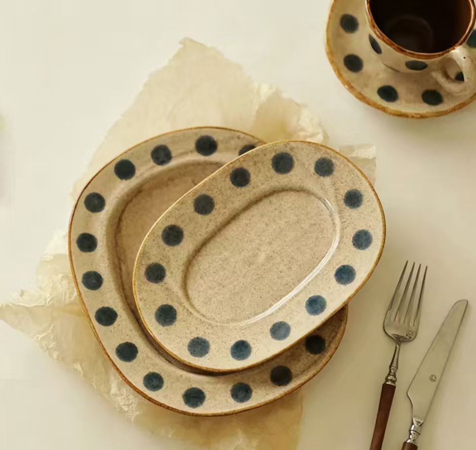 Vintage Dark Polka Dot Speckled Clay Tableware Set - Image 2