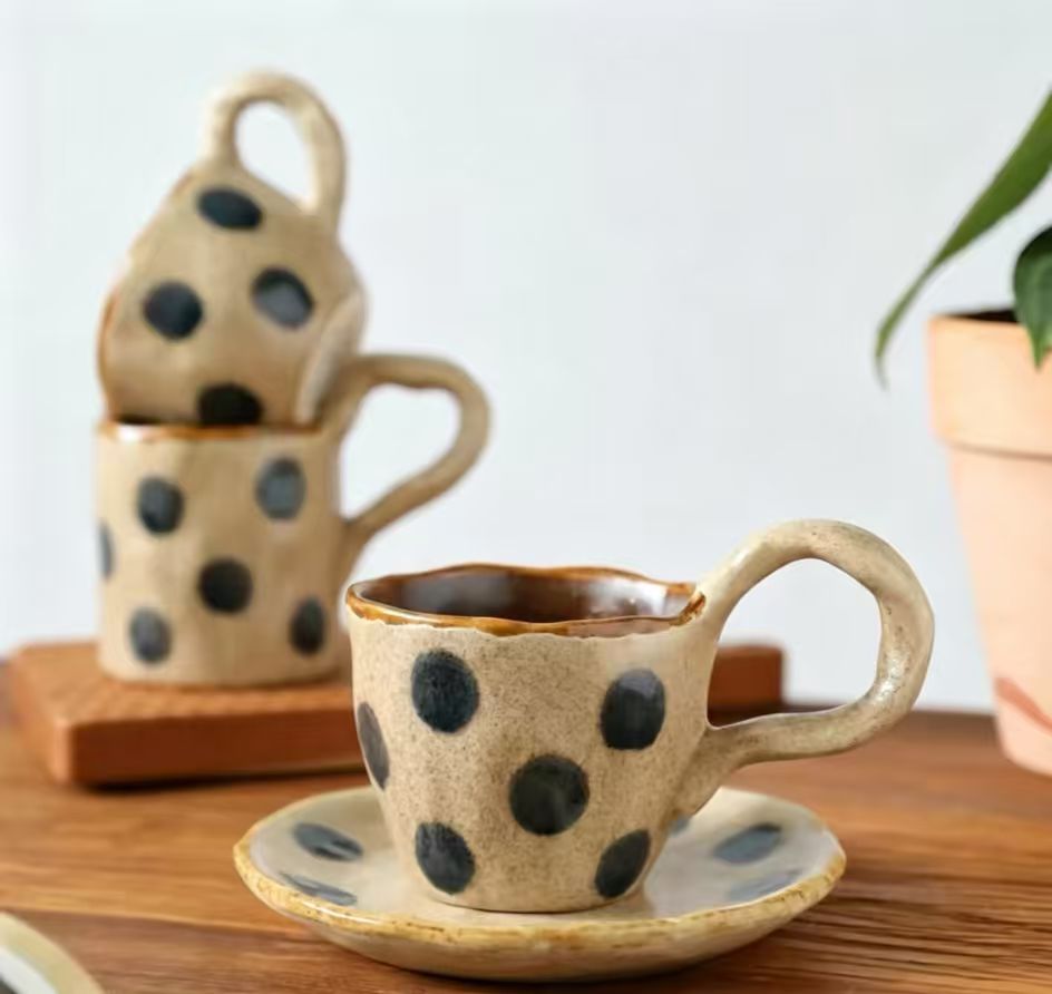 Vintage Dark Polka Dot Speckled Clay Tableware Set - Image 4