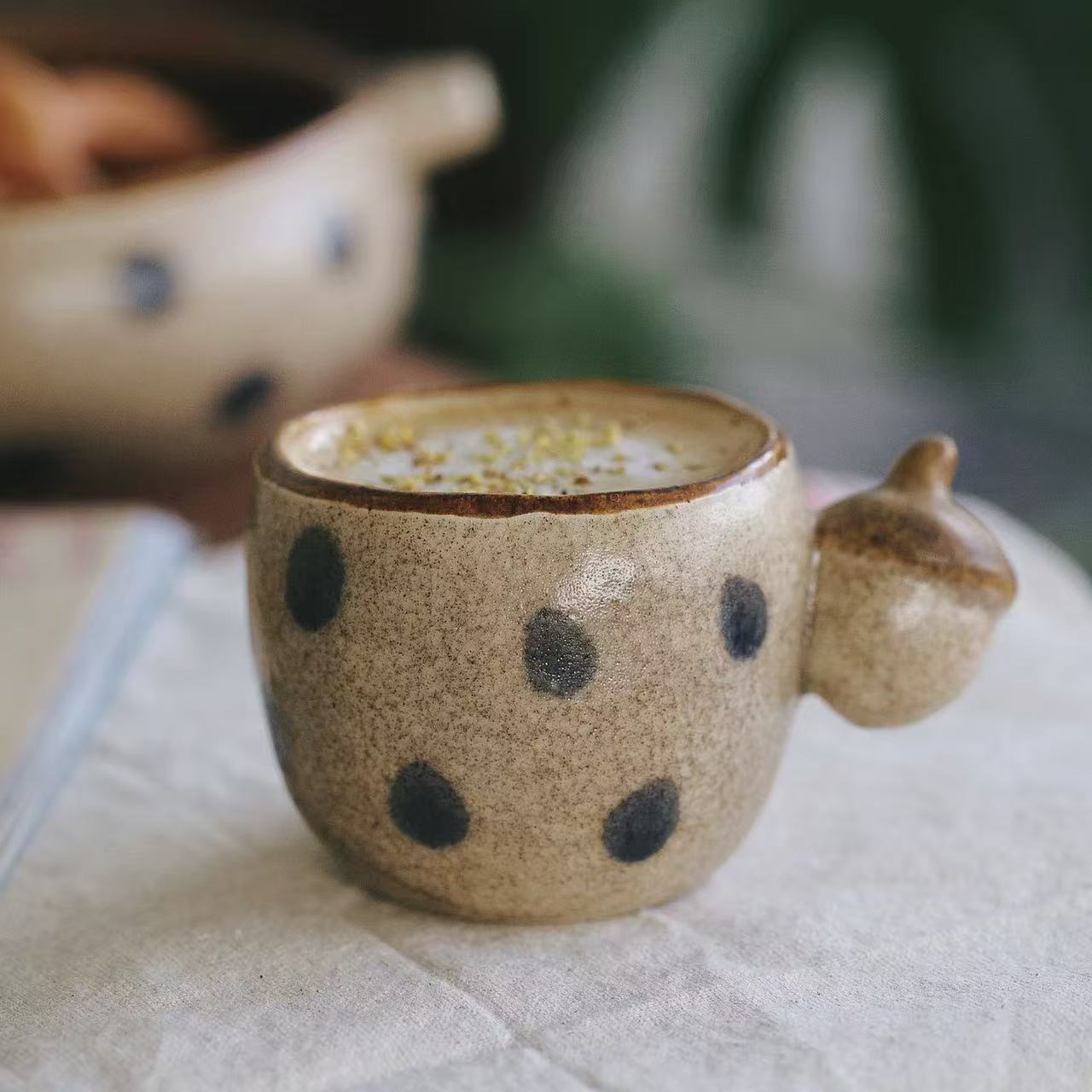 Vintage Dark Polka Dot Speckled Clay Tableware Set - Image 5