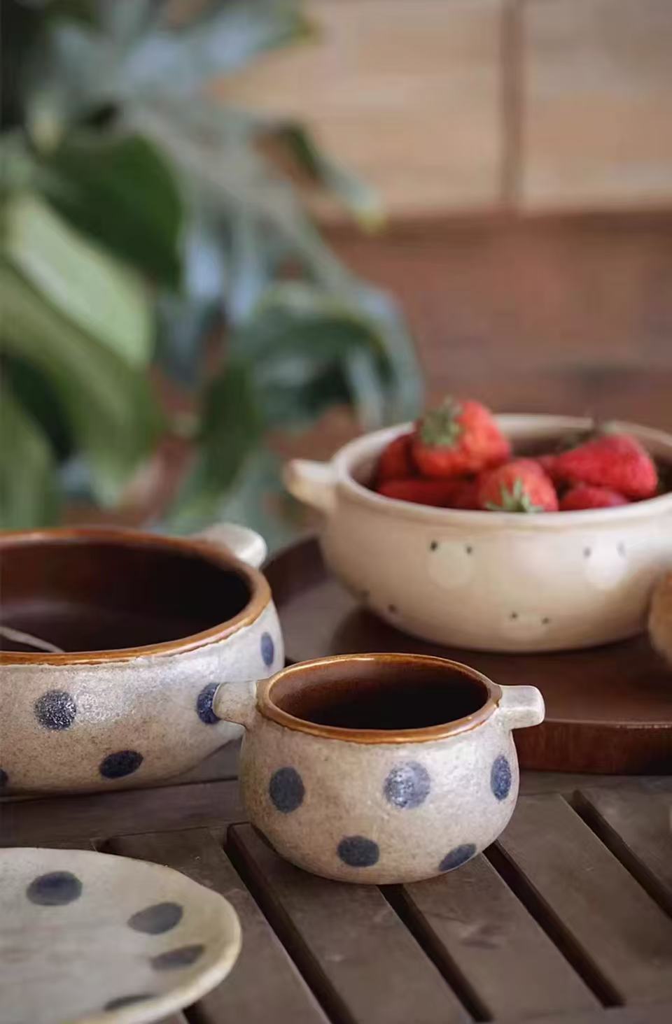 Vintage Dark Polka Dot Speckled Clay Tableware Set - Image 6