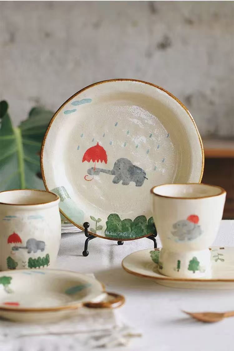 Handmade Speckled Clay Elephant Print Tableware Series