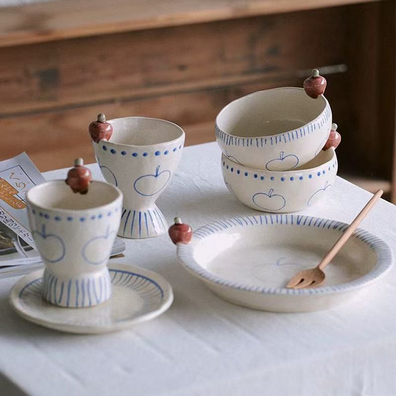 Hand-Drawn Blue Apple Line Ceramic Tableware Set