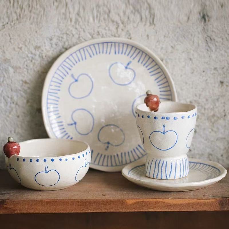 Hand-Drawn Blue Apple Line Ceramic Tableware Set - Image 7