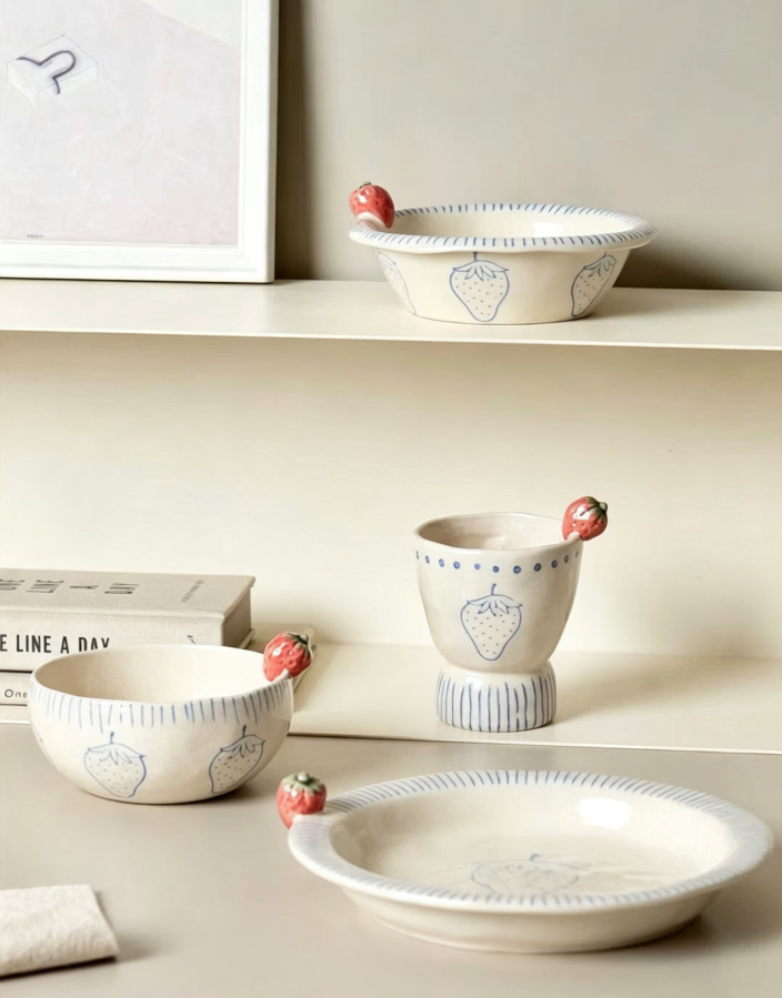 Hand-Drawn Blue Apple Line Ceramic Tableware Set - Image 3