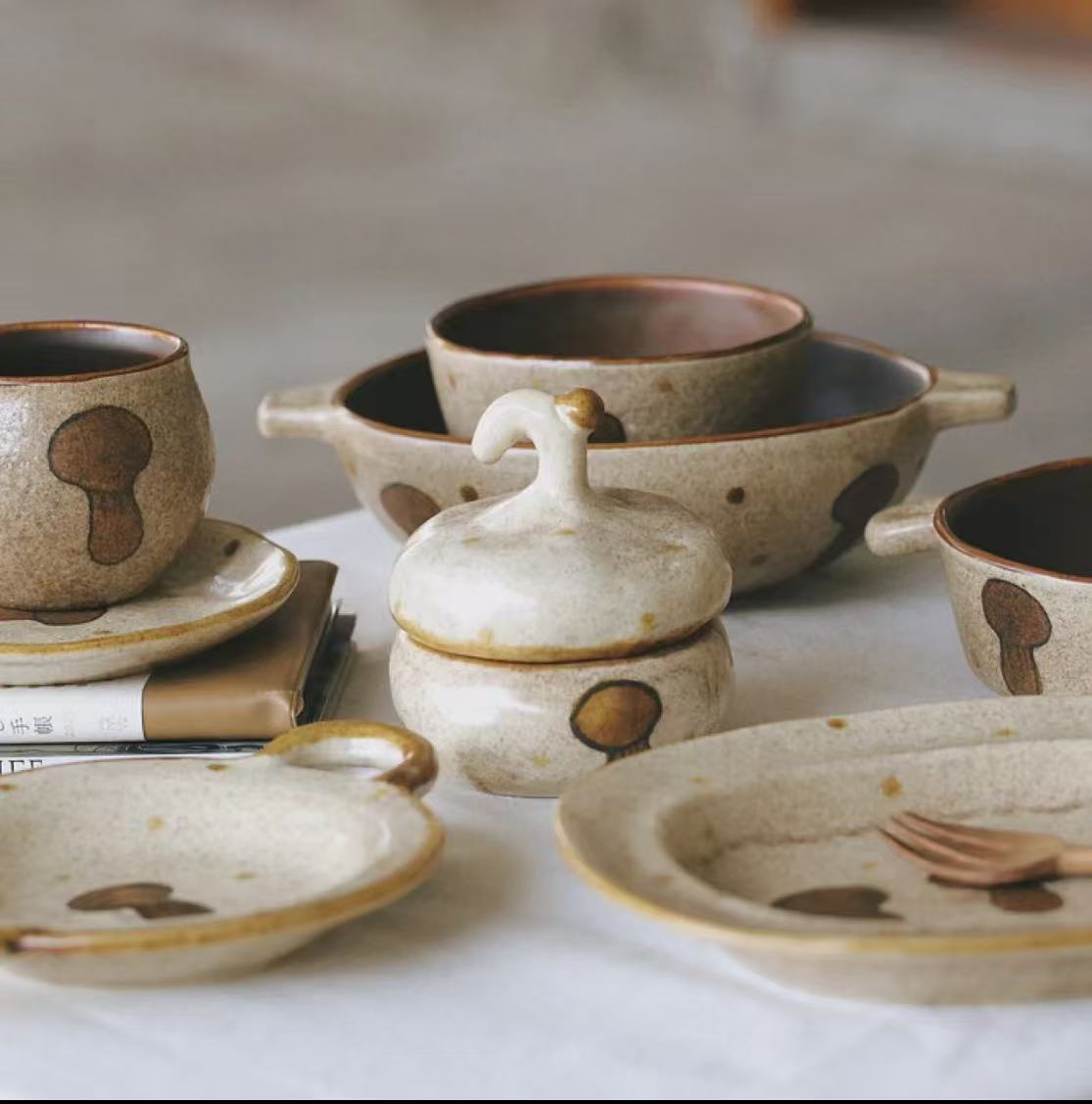 Handmade Speckled Clay Mushroom Print Tableware Set