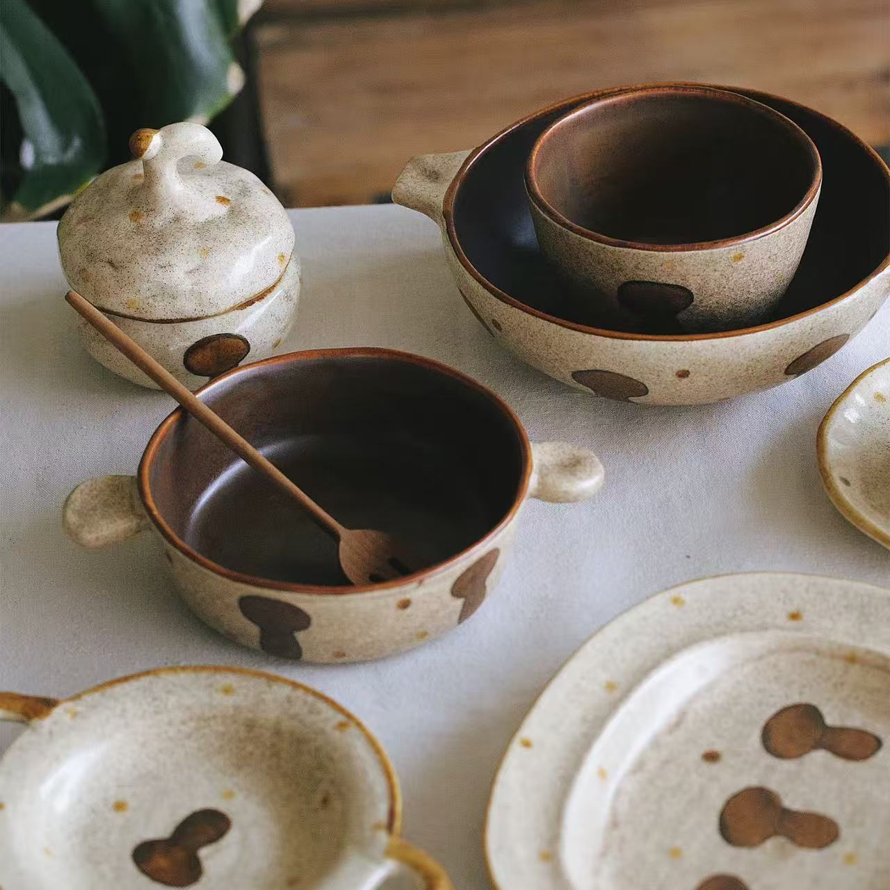 Handmade Speckled Clay Mushroom Print Tableware Set - Image 2