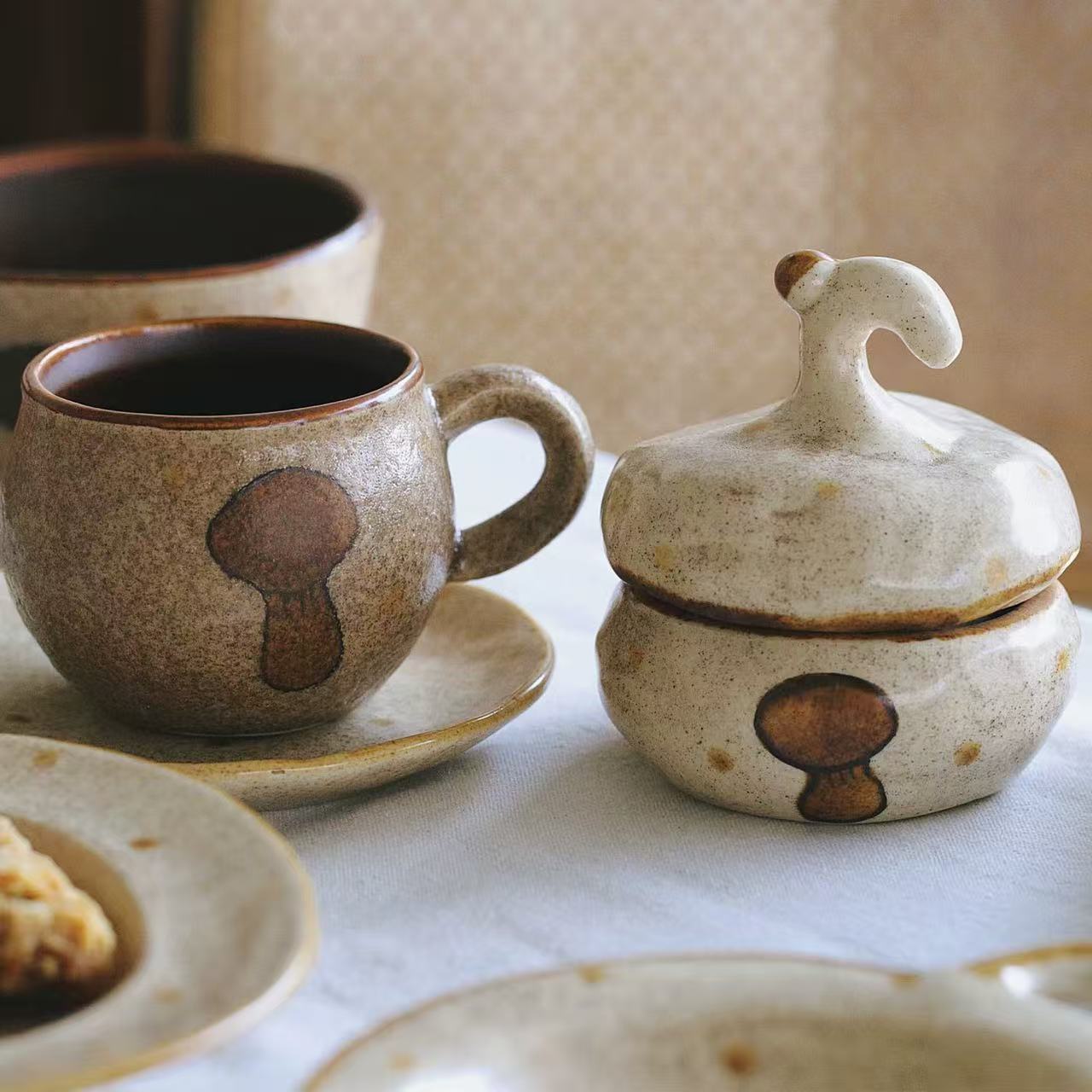Handmade Speckled Clay Mushroom Print Tableware Set - Image 4