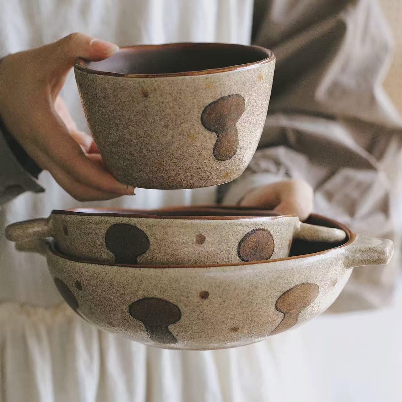 Handmade Speckled Clay Mushroom Print Tableware Set - Image 3