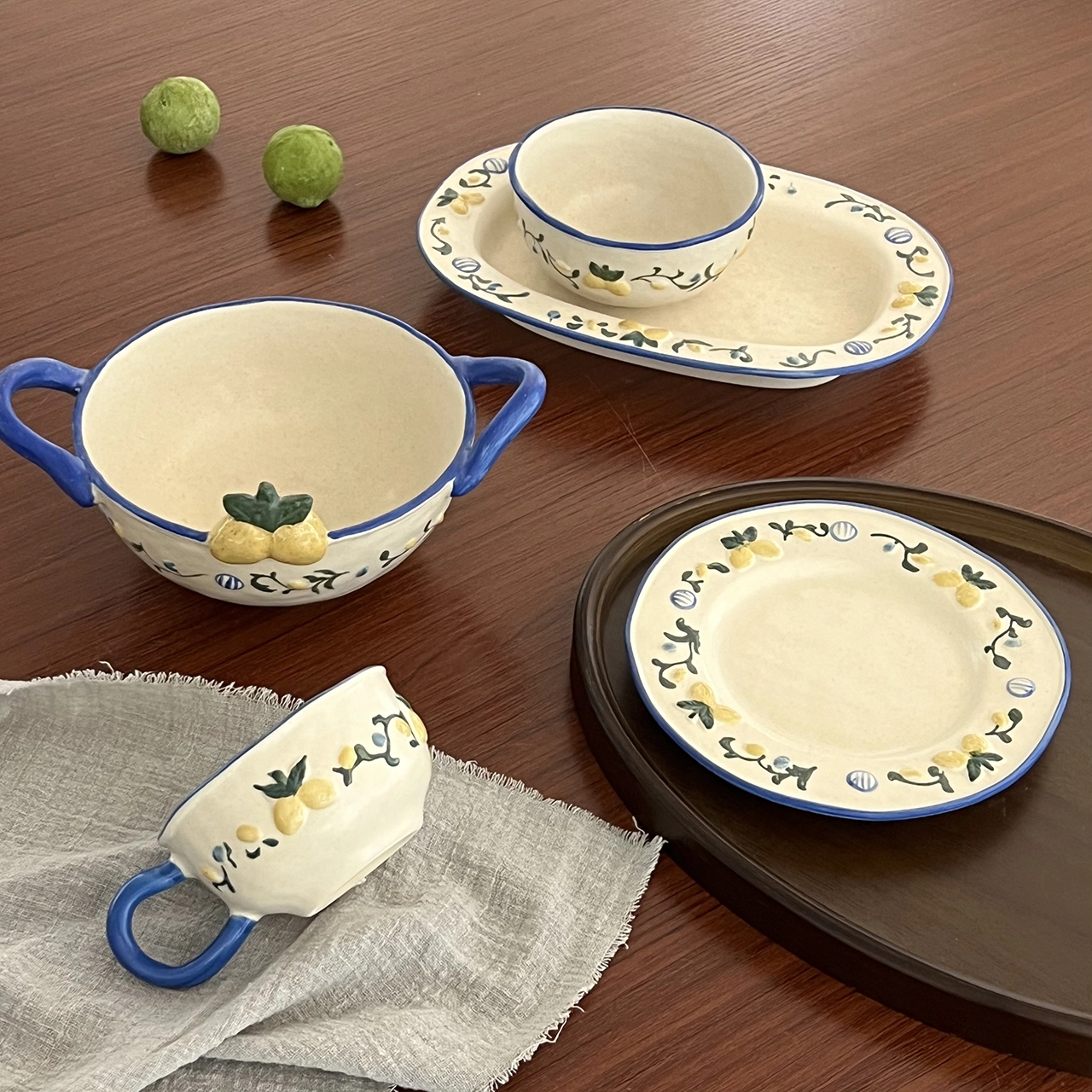 Hand-painted Lemon Vine Blue Rim Ceramic Tableware Set - Image 6