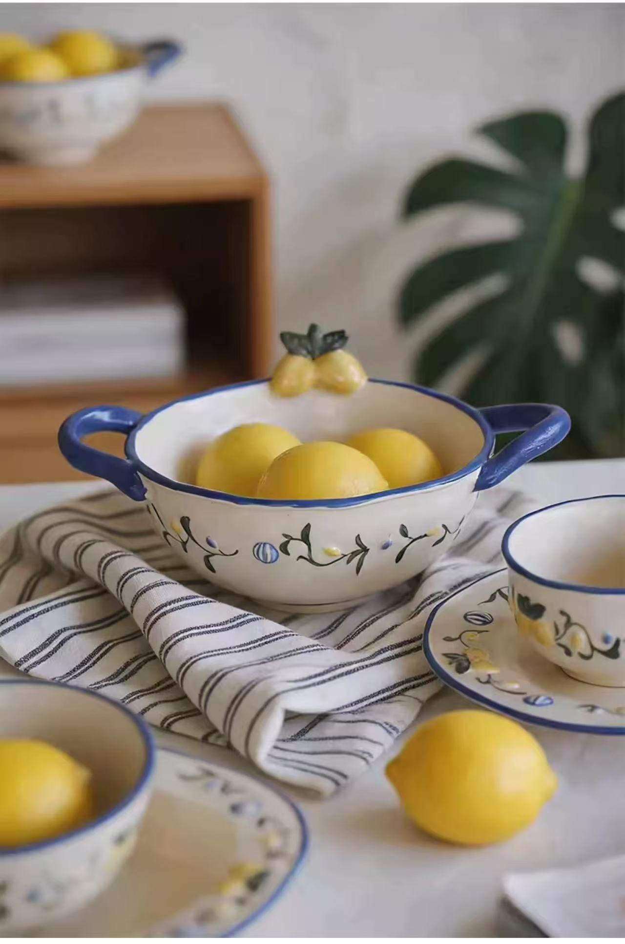 Hand-painted Lemon Vine Blue Rim Ceramic Tableware Set - Image 5