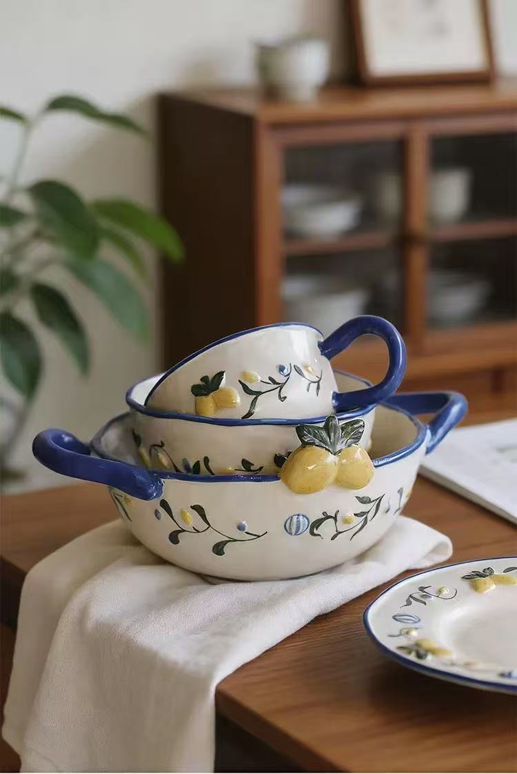 Hand-painted Lemon Vine Blue Rim Ceramic Tableware Set - Image 4