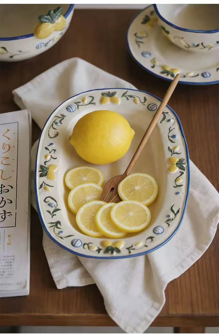 Hand-painted Lemon Vine Blue Rim Ceramic Tableware Set - Image 3