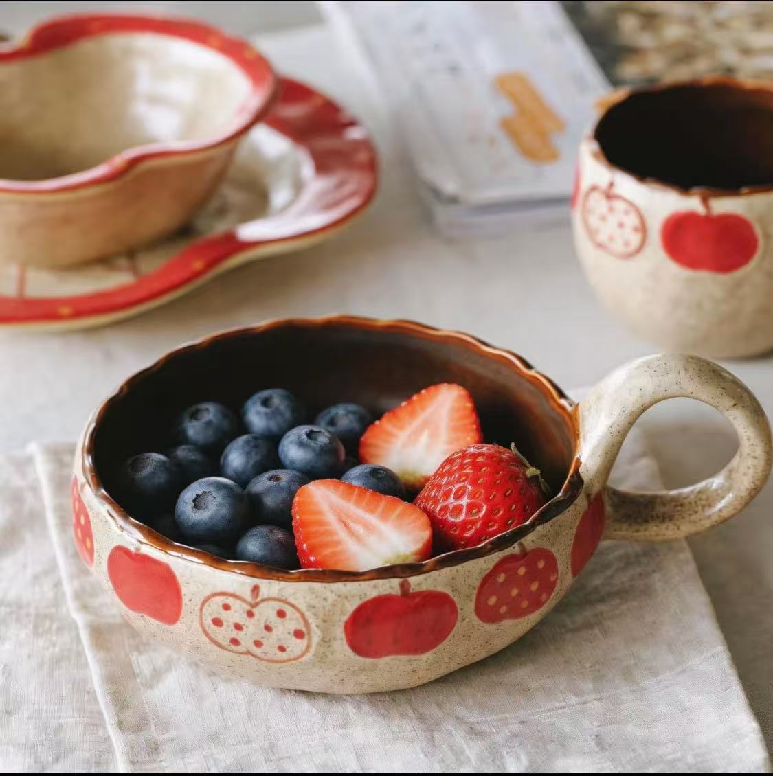 Red Apple Hand-Painted Speckled Clay Tableware Collection - Image 2