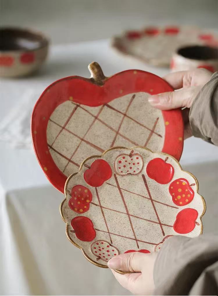 Red Apple Hand-Painted Speckled Clay Tableware Collection - Image 7