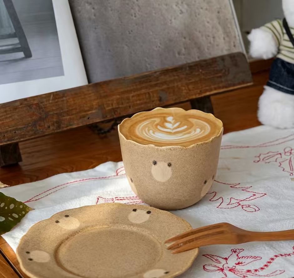 Handmade Rough Clay Bear Print Coffee Cup & Saucer Set