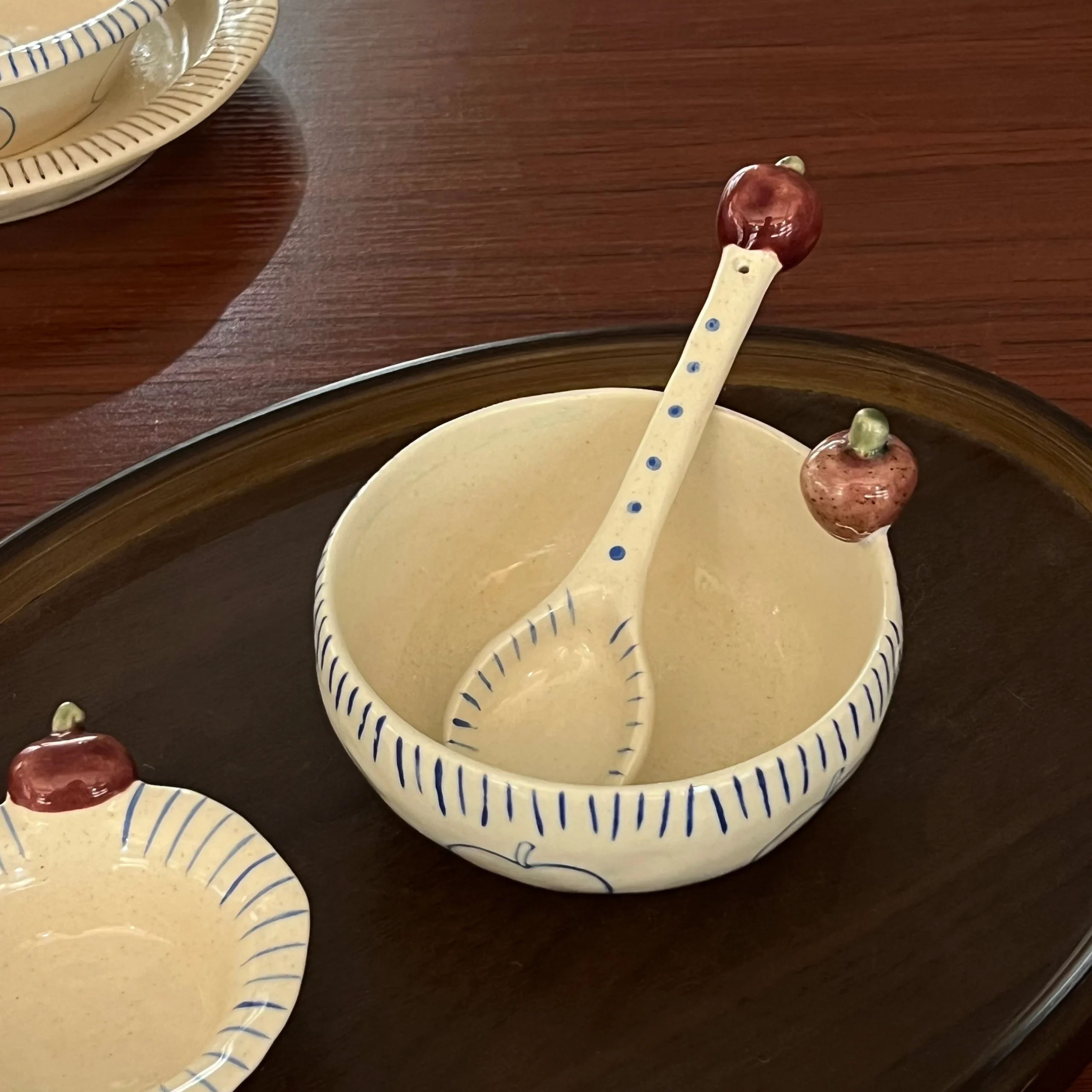 Handmade Blue Striped Fruit Accent Ceramic Spoon & Plate Set - Image 3